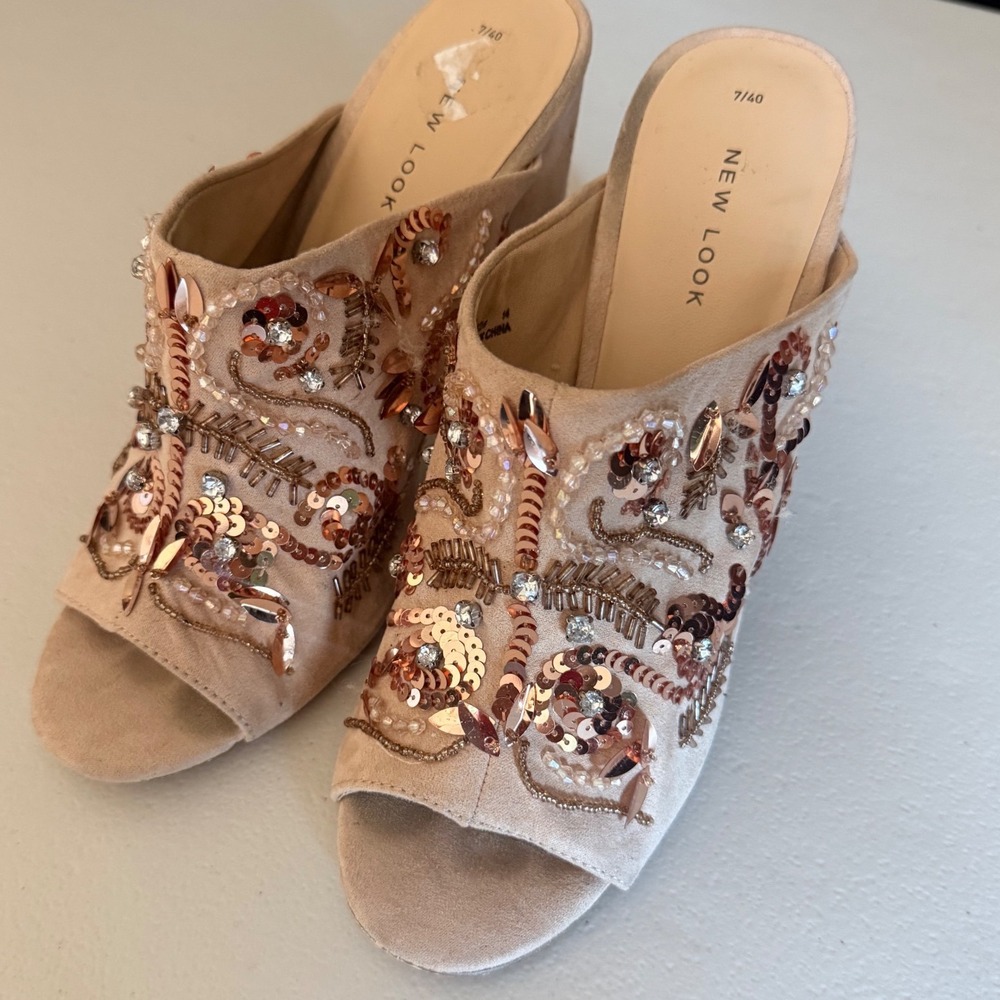 New Look Embellished Block Heel Mules Beige Rose Gold Sequin Slides Womens 40